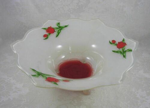 1930's Indiana Glass Art Deco "moderne Classic" White & Red 3-foot Bowl W Tulips