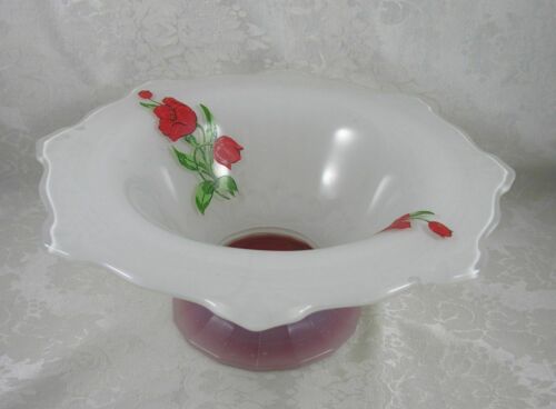 1930's Indiana Glass Art Deco "moderne Classic" White & Red Footed Bowl W Tulips