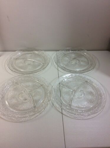 Indiana Glass Daisy Clear Pattern Divided Grill Plates 10 3/8" Vintage Set Of 4