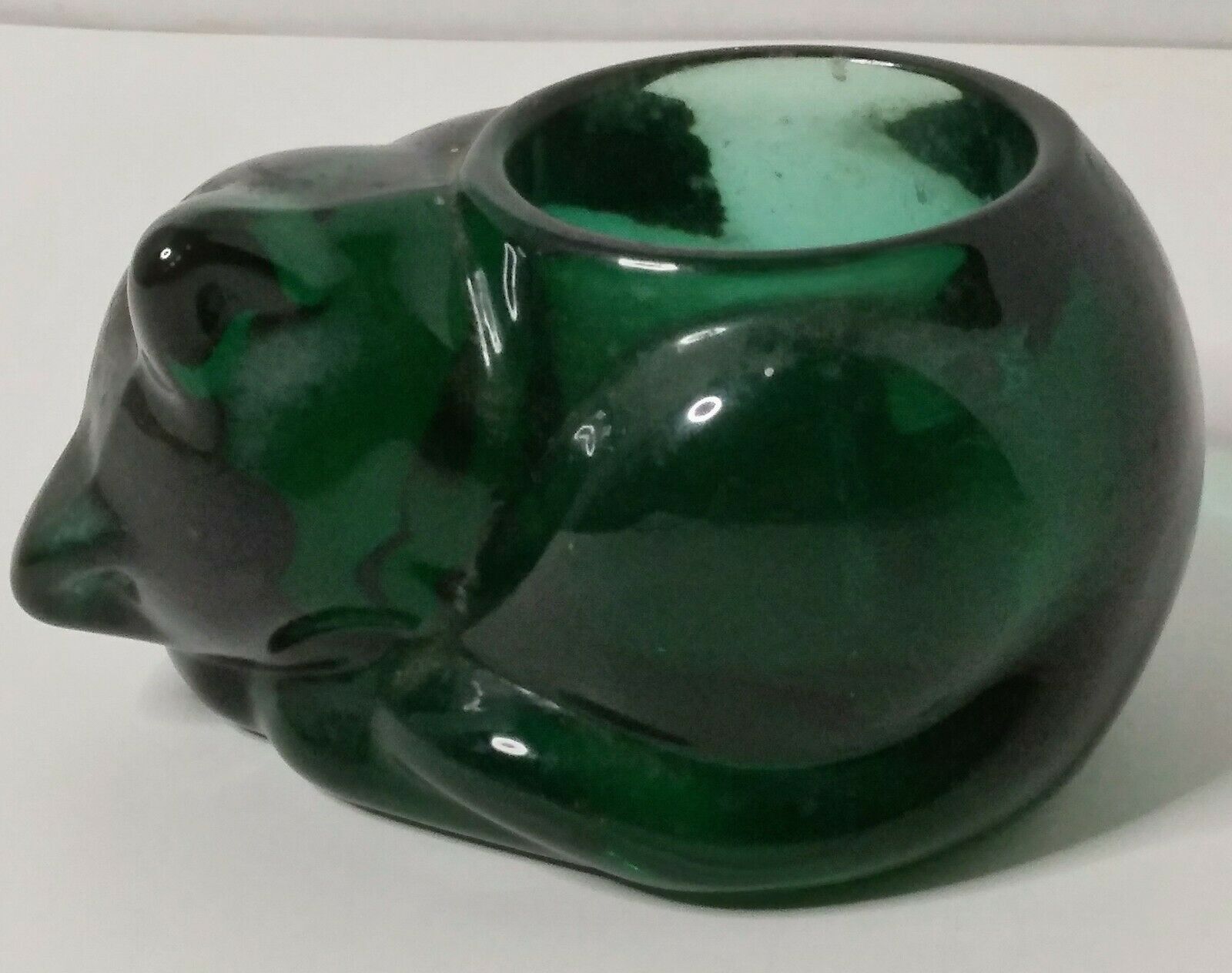 Indiana Glass Emerald Green Kitten / Cat Votive Candle Holder.  Guc