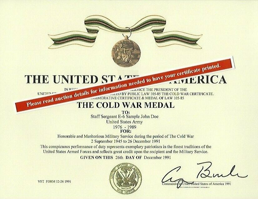 The Cold War Medal Certificate Army Navy Air Force Marines Merchant Coast Guard