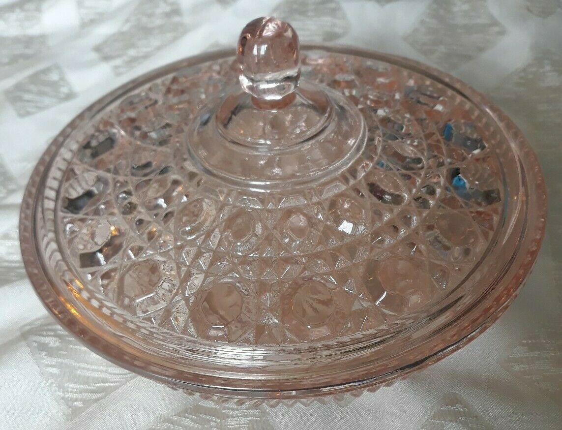 Vintage 1940's Windsor Button Pattern Pink Depression Glass Candy Dish With Lid